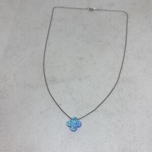 925 Sterling Silver w Synthetic Blue Opal Clover Necklace 16”